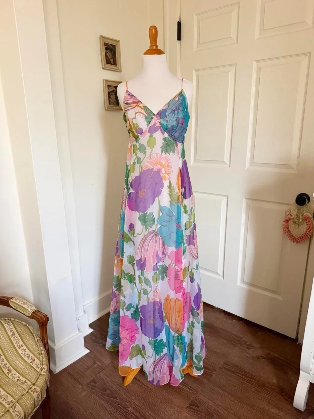 Dreamy Vintage 1970s Colorful Rainbow Floral Maxi Dress and Cape Set